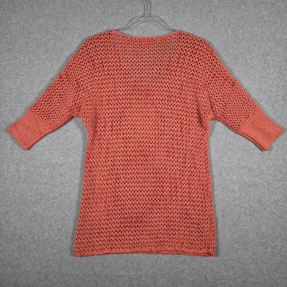 Sundance Women XS Crochet Open Knit V-Neck Sweater Tunic Coral Fisherman Chunky